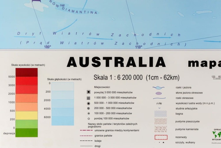 Australia 1:6 200 000. Naklejka, mapa ścienna. Fizyczna. Producent: Piętka. Fragment 1