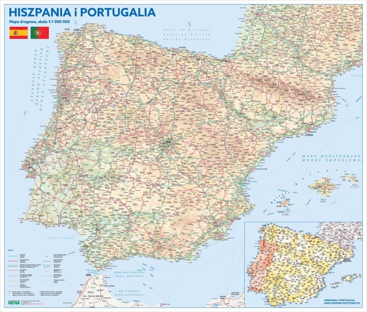Hiszpania i Portugalia 1:1 000 000. Naklejka, mapa ścienna drogowa i kodowa. Producent: Piętka. Cała mapa
