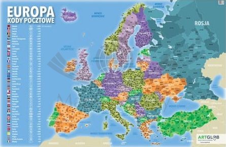 Europa. Arkusz, mapa ścienna. Kody pocztowe