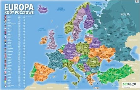Europa. Arkusz, mapa ścienna. Kody pocztowe. Producent: ArtGlob. Cała mapa