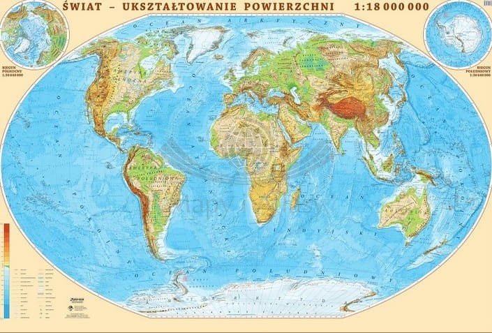 Świat 1:18 000 000. Arkusz, mapa ścienna fizyczna, ukształtowanie powierzchni