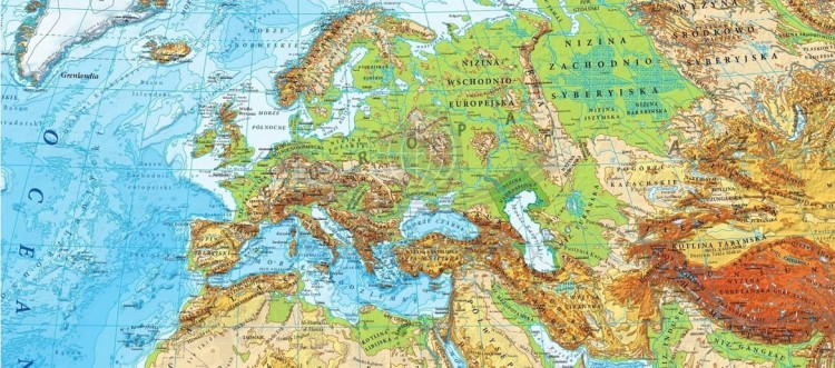 Świat 1:18 000 000. Arkusz, mapa ścienna fizyczna, ukształtowanie powierzchni. Producent: EkoGraf. Fragment 1