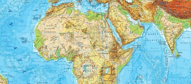 Świat 1:18 000 000. Arkusz, mapa ścienna fizyczna, ukształtowanie powierzchni. Producent: EkoGraf. Fragment 3