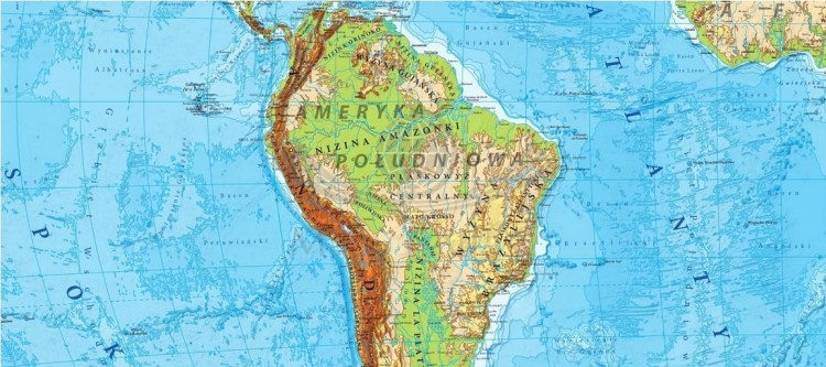 Świat 1:18 000 000. Arkusz, mapa ścienna fizyczna, ukształtowanie powierzchni. Producent: EkoGraf. Fragment 4