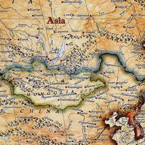 Świat 1:33 000 000. Arkusz, mapa ścienna stylizowana a'la pergamin. Producent: Ray&Co. Fragment 1