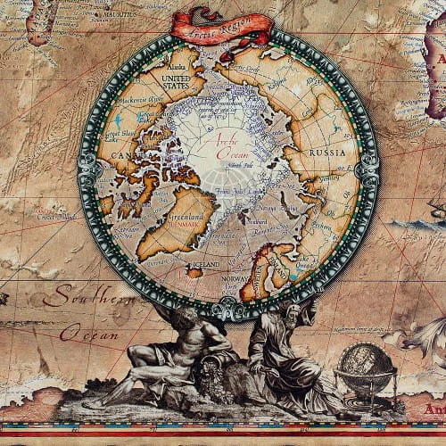 Świat 1:33 000 000. Arkusz, mapa ścienna stylizowana a'la pergamin. Producent: Ray&Co. Fragment 7