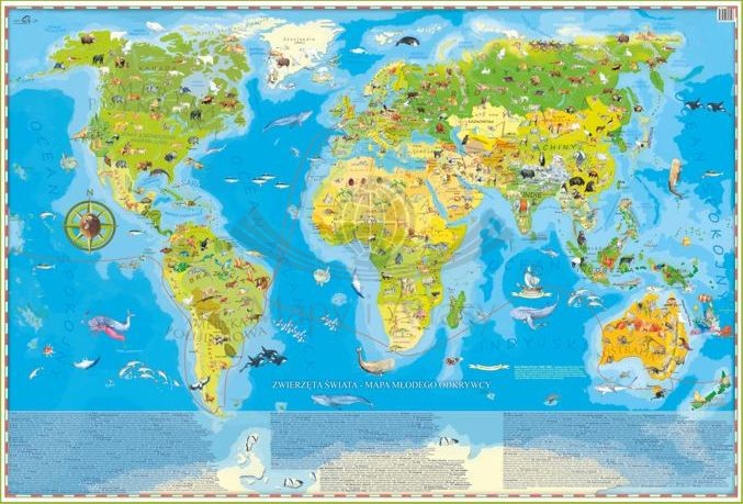 Zwierzęta świata. Arkusz, mapa ścienna dla dzieci. Producent: ArtGlob. Cała mapa