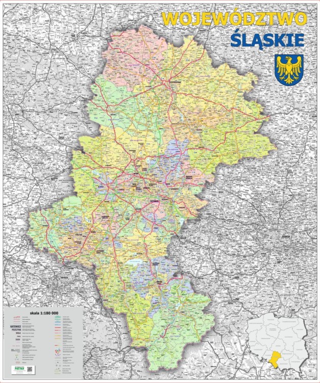Województwo śląskie 1:180 000. Mapa ścienna administracyjno-drogowa