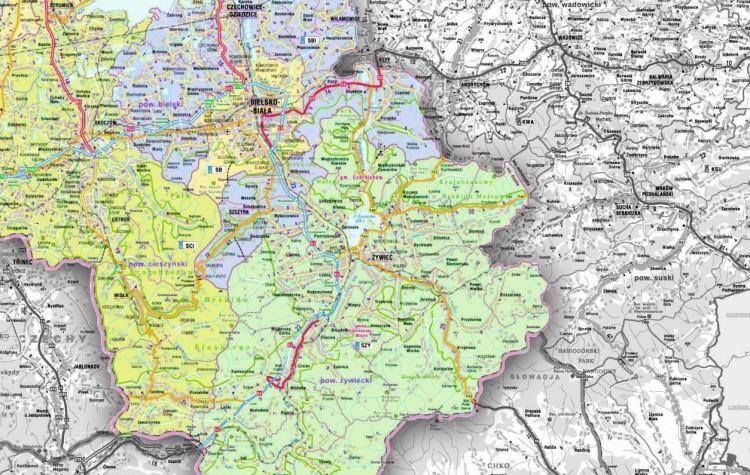 Województwo śląskie 1:180 000. Mapa ścienna administracyjno-drogowa. Fragment 3