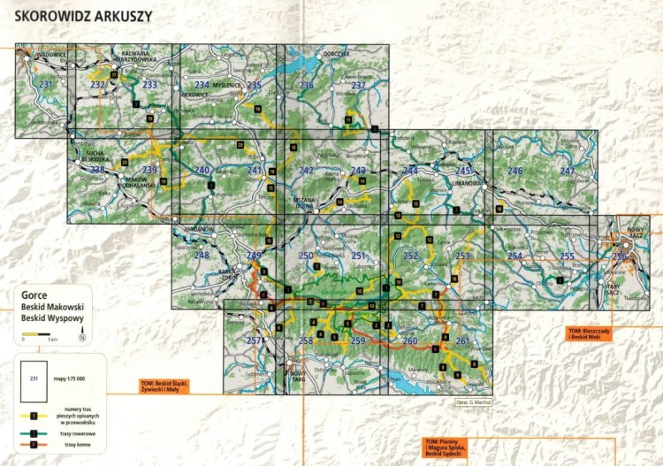 Gorce, Beskid Wyspowy i Makowski. Przewodnik z górskiej półki wydawnictwa Bezdroża. Atlas - skorowidz arkuszy