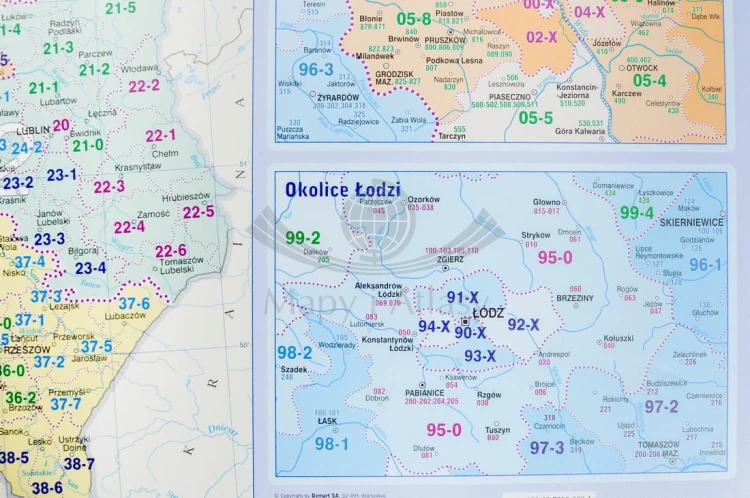 Polska. Mapa kodowa, podkładka na biurko. Producent: Demart. Fragment 4 - okolice Łodzi