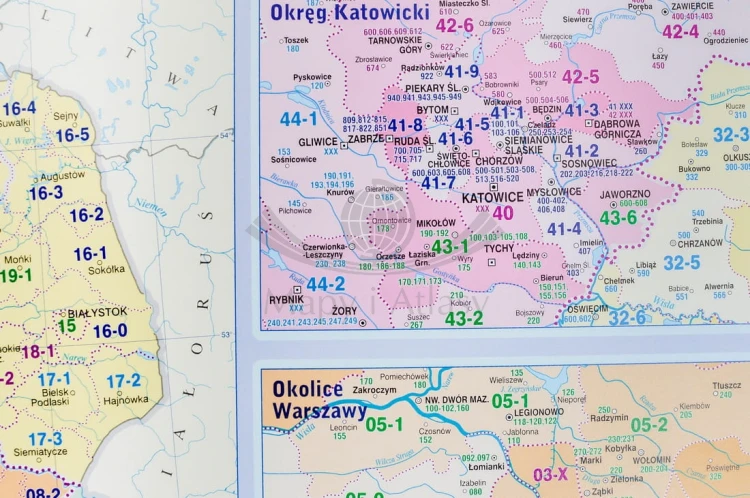 Polska. Mapa kodowa, podkładka na biurko. Producent: Demart. Fragment 5 - Okręg Katowicki