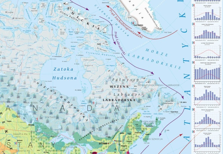 Ameryka Północna i Środkowa 1:7 500 000. Mapa ścienna krajobrazowa wydawnictwa Meridian. Fragment 1
