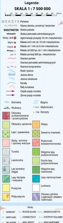 Ameryka Północna i Środkowa 1:7 500 000. Mapa ścienna krajobrazowa wydawnictwa Meridian. Legenda