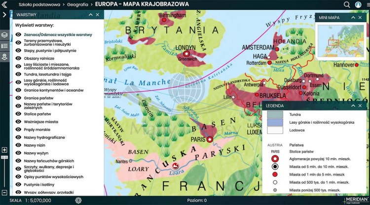 Platforma Meridian Prime: Instytucja / Szkoła (wielu użytkowników) na 12 miesięcy. Atlas on-line. Zrzut ekranu 10 Europa krajobrazowa