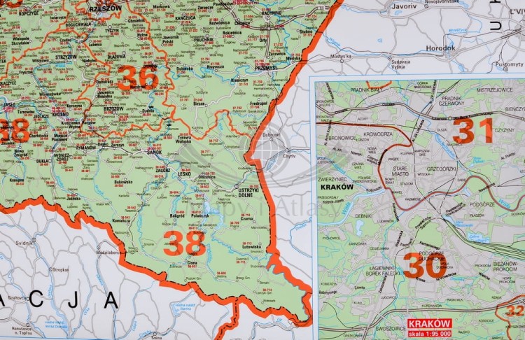Polska 1:650 000. Mapa ścienna kodowa wydawnictwa Jokart. Fragment 8 - mapa Krakowa
