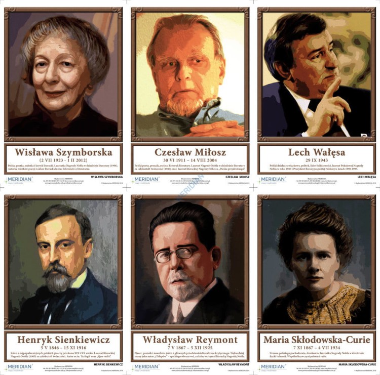 Portrety noblistów polskich. Plansze dydaktyczne. Komplet 7 sztuk