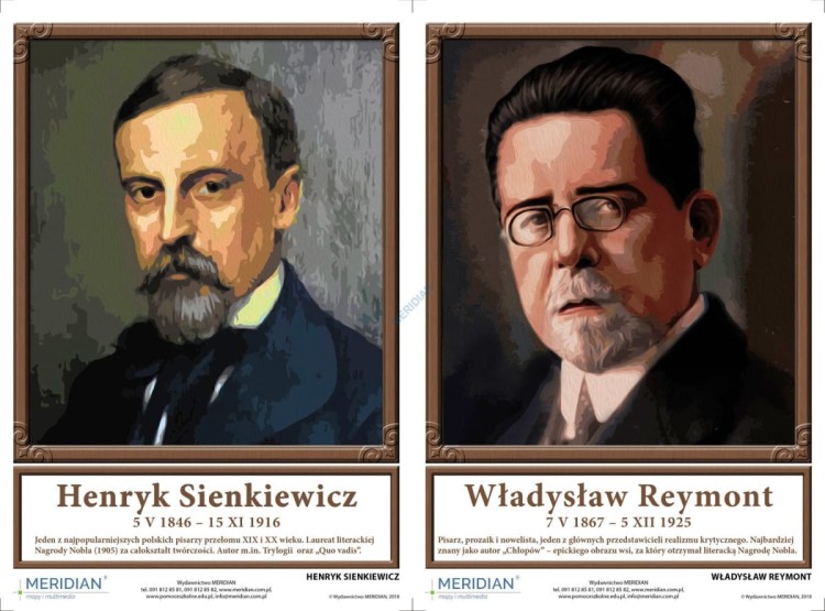 Portrety noblistów polskich. Plansze dydaktyczne. Komplet 7 sztuk. Henryk Sienkiewicz i Władysław Reymont