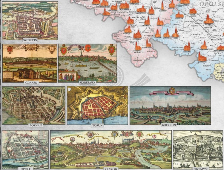 Ratusze w Polsce. Mapa ścienna stylizowana. Fragment - ilustracje