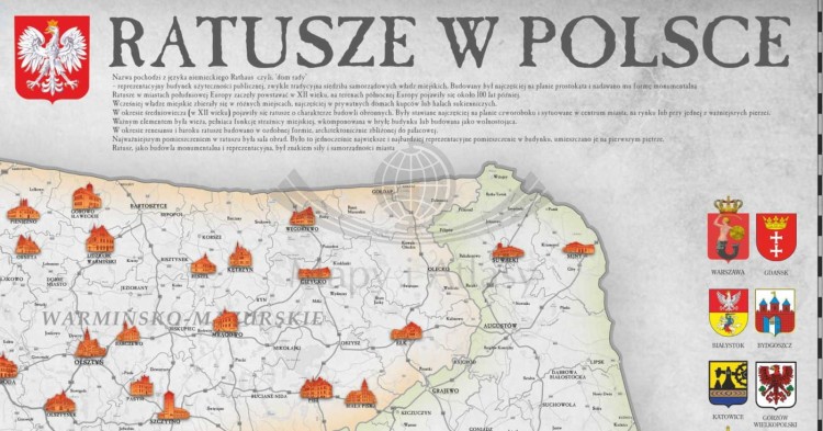 Ratusze w Polsce. Mapa ścienna stylizowana. Fragment 1
