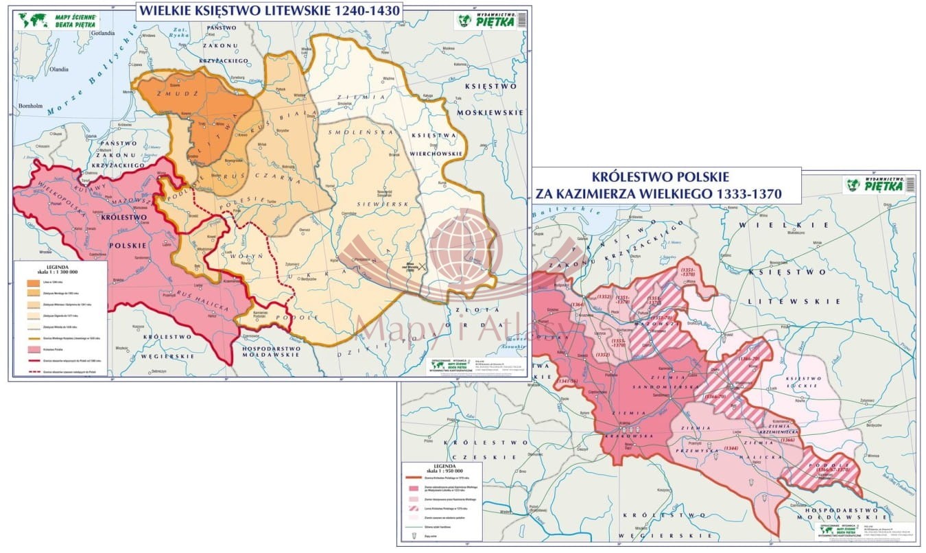 Wielkie Księstwo Litewskie 1240-1430 / Królestwo Polskie za Kazimierza Wielkiego 1333-1370. Dwustronna mapa ścienna