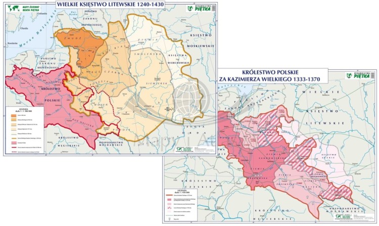 Wielkie Księstwo Litewskie 1240-1430 / Królestwo Polskie za Kazimierza Wielkiego 1333-1370. Dwustronna mapa ścienna