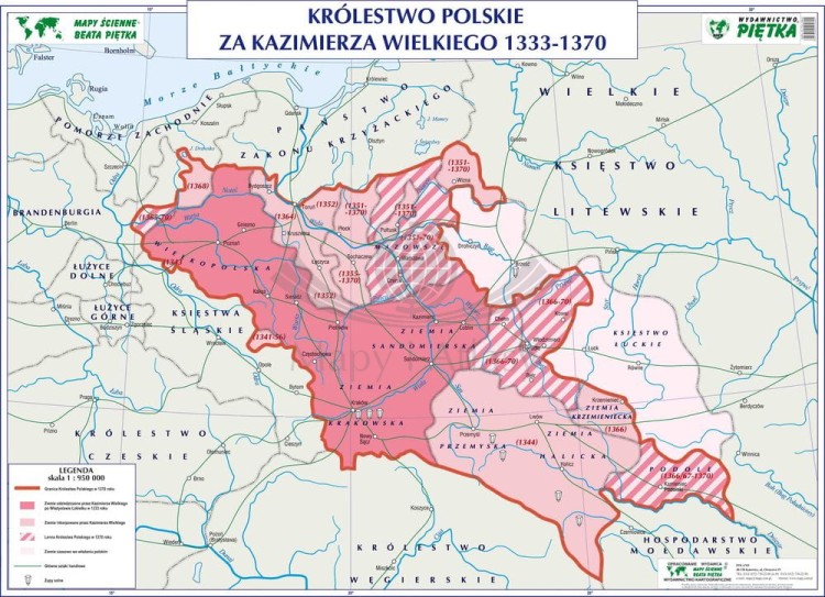 Królestwo Polskie za Kazimierza Wielkiego 1333-1370. Szkolna mapa ścienna