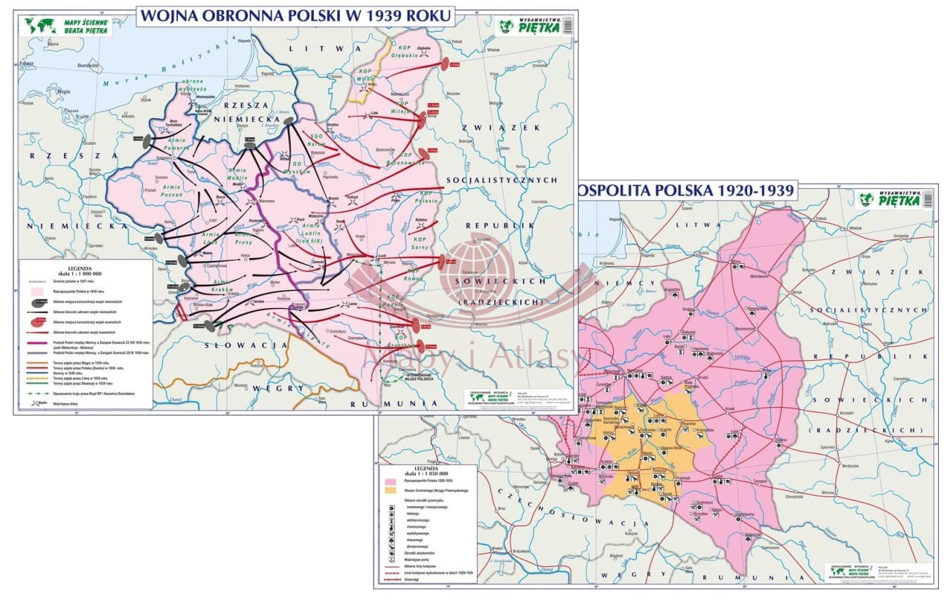 Wojna obronna Polski w 1939 roku / Rzeczpospolita Polska w latach 1920-1939. Dwustronna mapa ścienna