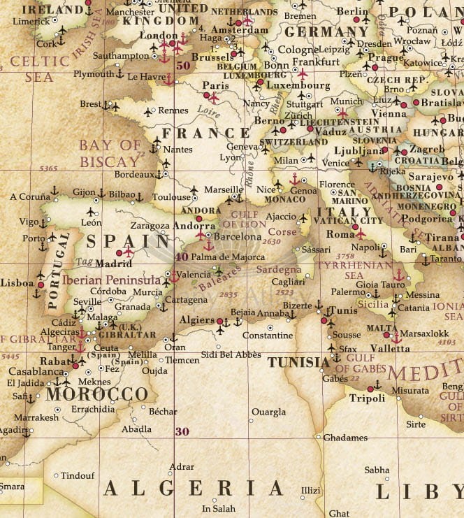 Świat 1:28 000 000. Mapa ścienna polityczna, stylizowana. Drewniane półwałki. Fragment 2