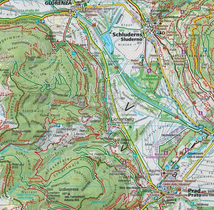 Południowy Tyrol, Trydent - Górna Adyga. Zestaw czterech map turystycznych 699 wydawnictwa Kompass. Mapa 1 - fragement