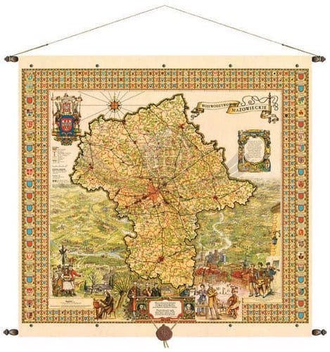 Województwo mazowieckie. Mapa ścienna ozdobna. Pergamena