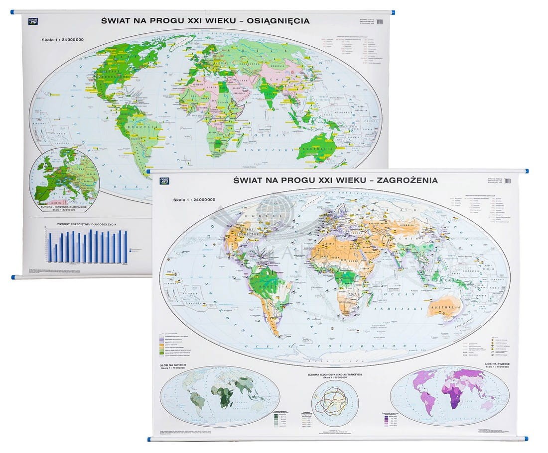 Świat na progu XXI wieku. Osiągnięcia / Zagrożenia. Dwustronna mapa ścienna