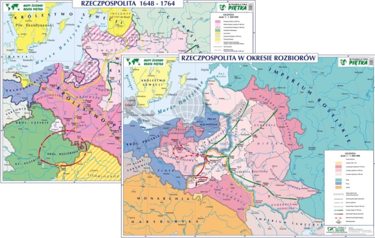 Rzeczpospolita Polska w okresie rozbiorów / 1648-1764. Dwustronna mapa ścienna