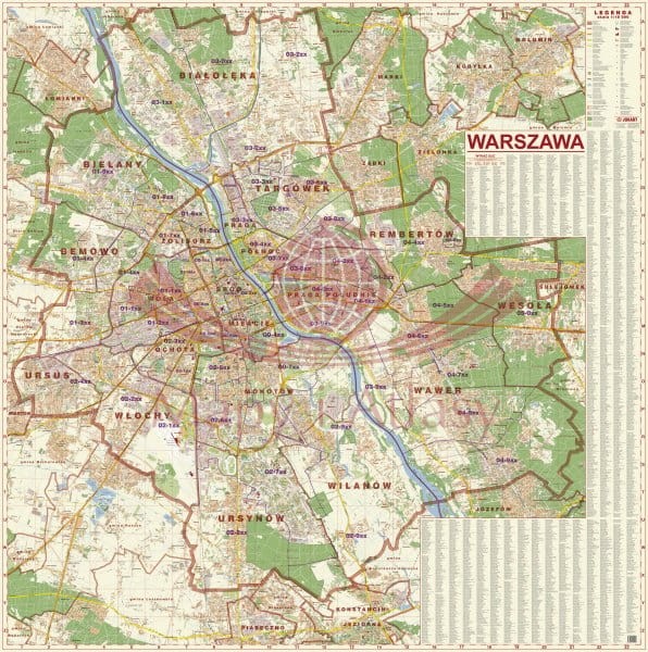 Warszawa 1:18 000. Mapa ścienna kodowa, kody pocztowe