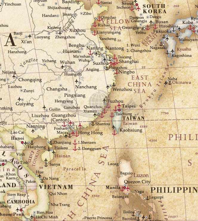 Świat 1:28 000 000. Mapa ścienna polityczna, stylizowana. Drewniane półwałki. Fragment 3