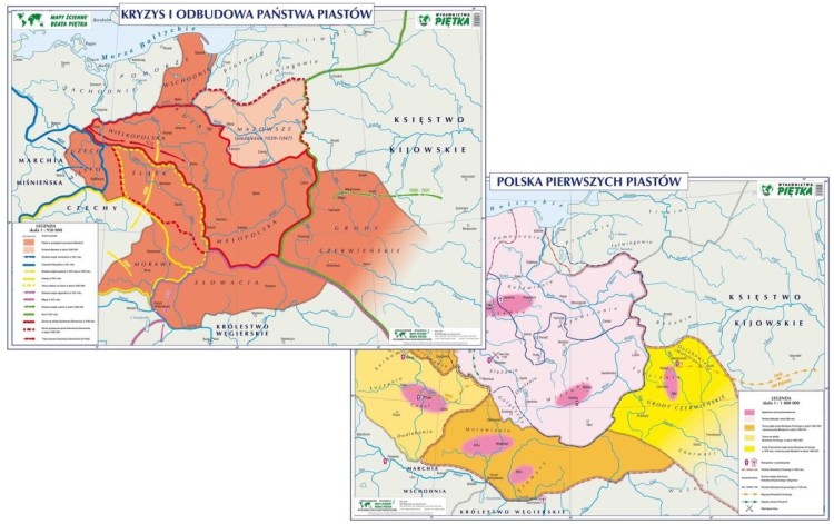 Kryzys i odbudowa państwa Piastów / Polska pierwszych Piastów. Dwustronna mapa ścienna