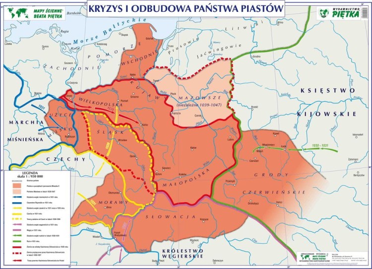 Kryzys i odbudowa państwa Piastów. Szkolna mapa ścienna