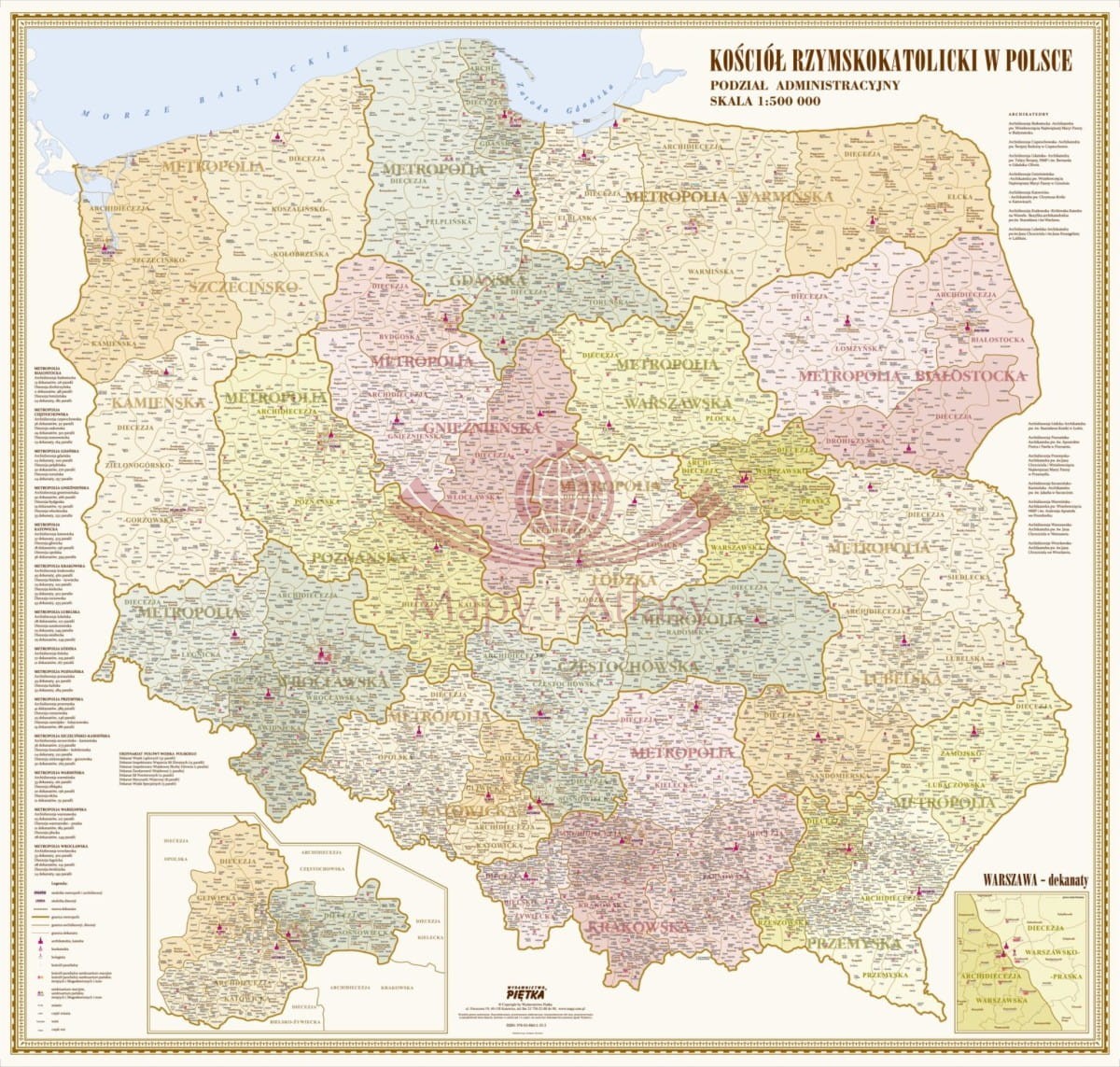 Polska / Kościół Rzymskokatolicki w Polsce. Podział administracyjny. Mapa ścienna stylizowana. Wersja STRONG