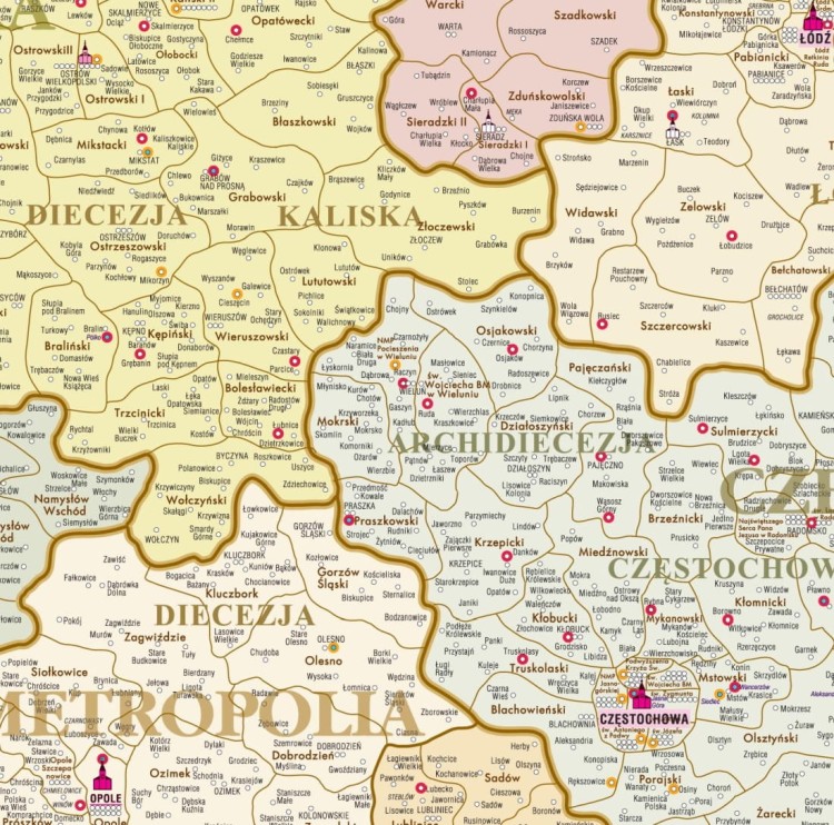 Kościół Rzymskokatolicki w Polsce. Podział administracyjny. Mapa ścienna stylizowana. Fragment 1