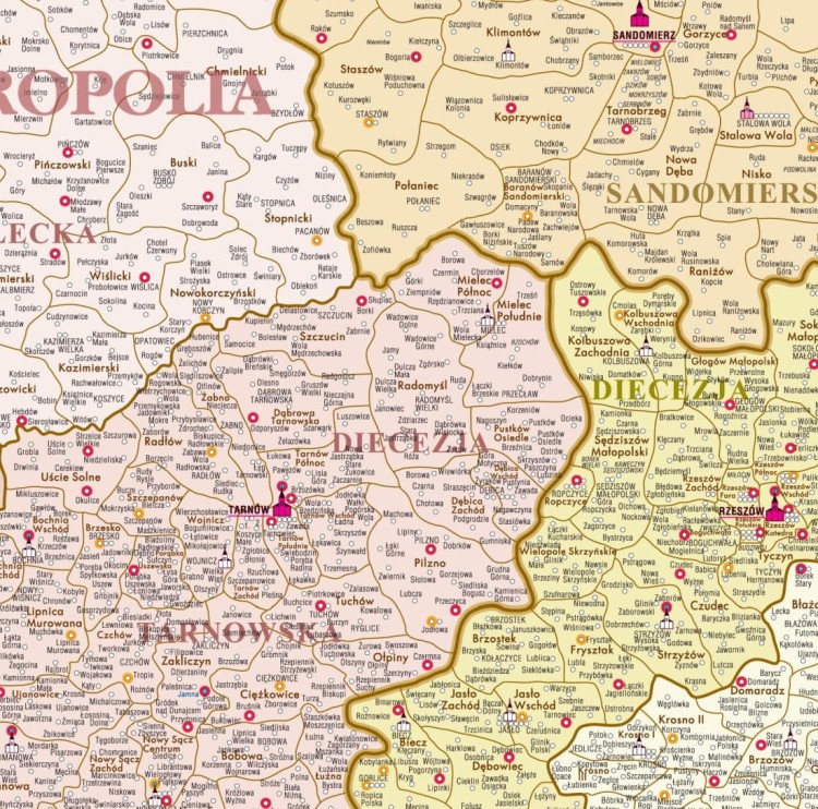 Kościół Rzymskokatolicki w Polsce. Podział administracyjny. Mapa ścienna stylizowana. Fragment 2