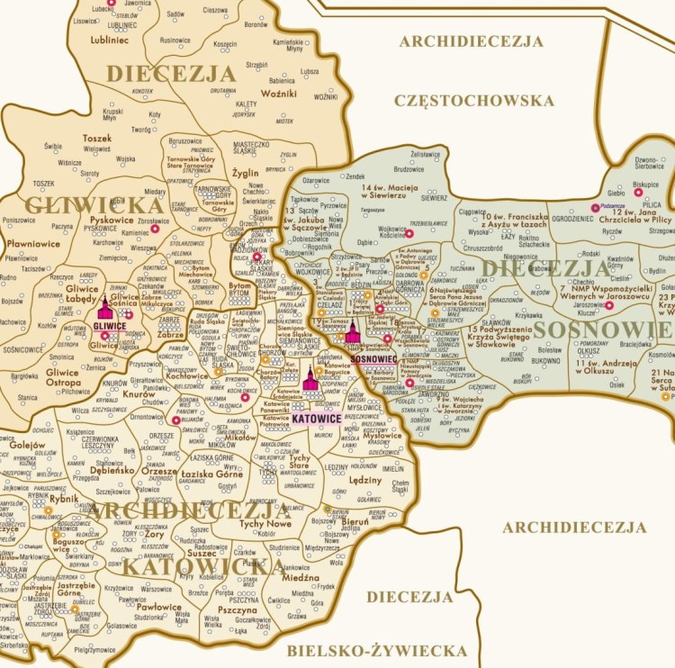 Kościół Rzymskokatolicki w Polsce. Podział administracyjny. Mapa ścienna stylizowana. Fragment 3