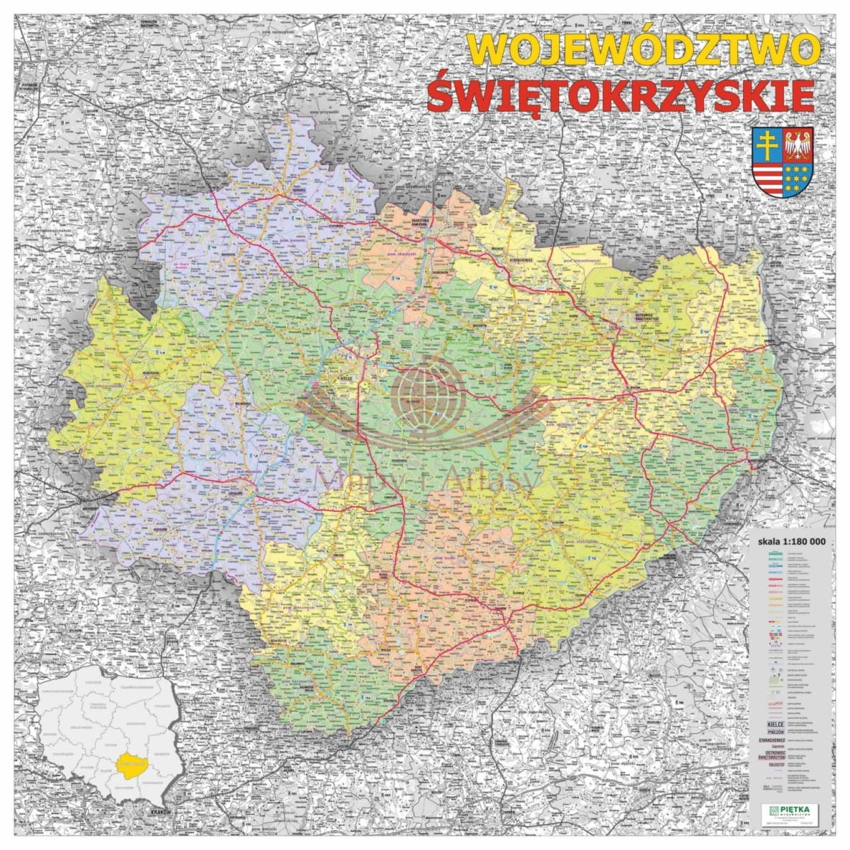 Województwo świętokrzyskie 1:180 000. Mapa ścienna administracyjno-drogowa. Wersja STRONG. Wyd. 2025