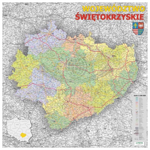 Województwo świętokrzyskie 1:180 000. Mapa ścienna administracyjno-drogowa