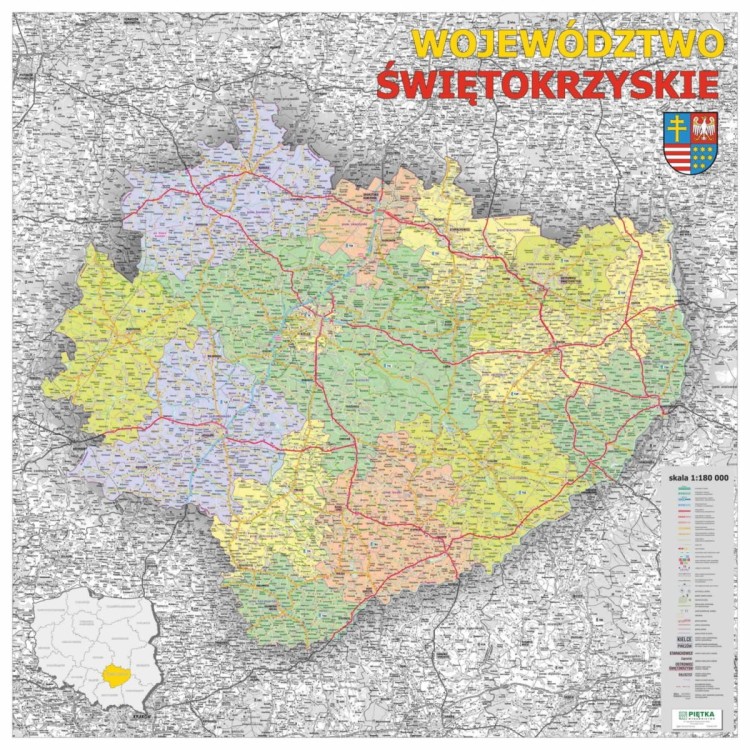 Województwo świętokrzyskie 1:180 000. Mapa ścienna administracyjno-drogowa