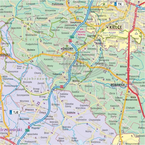 Województwo świętokrzyskie 1:180 000. Mapa ścienna administracyjno-drogowa. Fragment