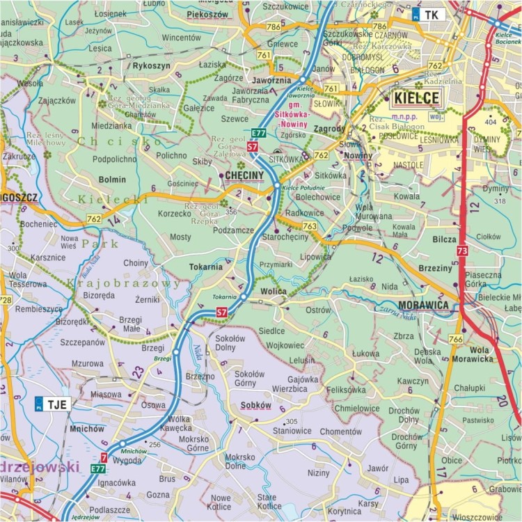 Województwo świętokrzyskie 1:180 000. Mapa ścienna administracyjno-drogowa. Fragment