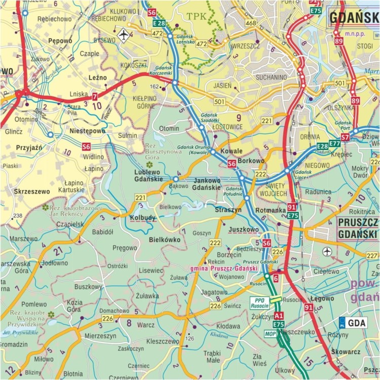 Województwo pomorskie 1:200 000. Mapa ścienna administracyjno-drogowa. Fragment