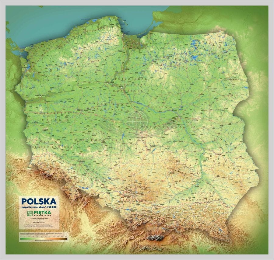 Polska 1:750 000. Mapa fizyczna z efektem 3D w ramie