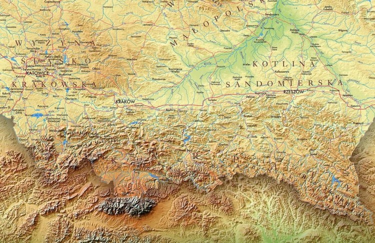 Polska 1:750 000. Mapa fizyczna z efektem 3D do wpinania wydawnictwa Piętka. Fragment 3