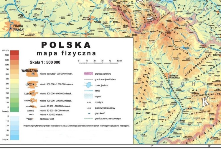 Polska 1:500 000. Mapa fizyczna w ramie wydawnictwa Piętka. Legenda